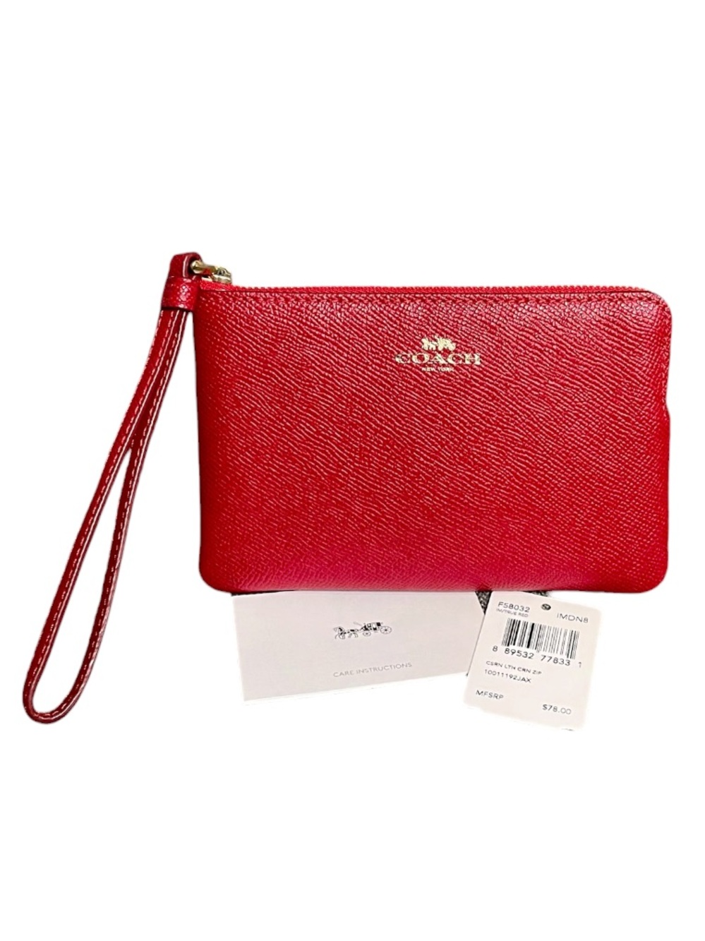 $50 Start - Coach Red Leather Zippered Wristlet Gold Stagecoach Logo New w/ Tags